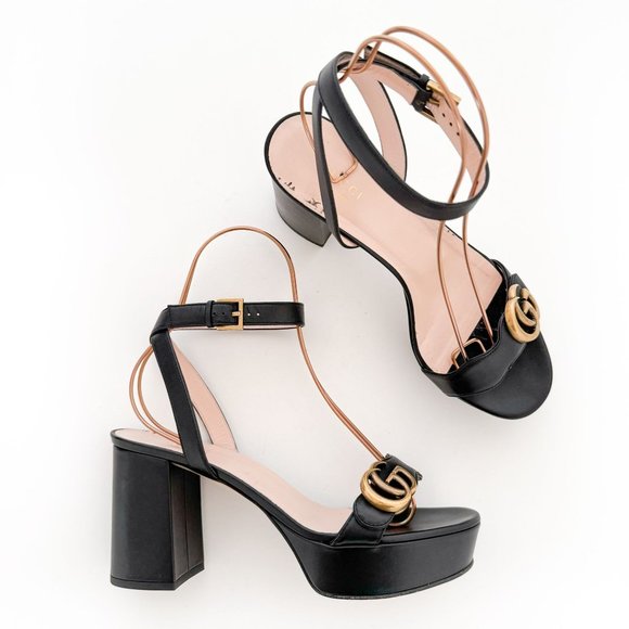 Gucci Shoes - Gucci Marmont GG Platform Sandals EU 39 US 9 Black Ankle Wrap High Block Heel